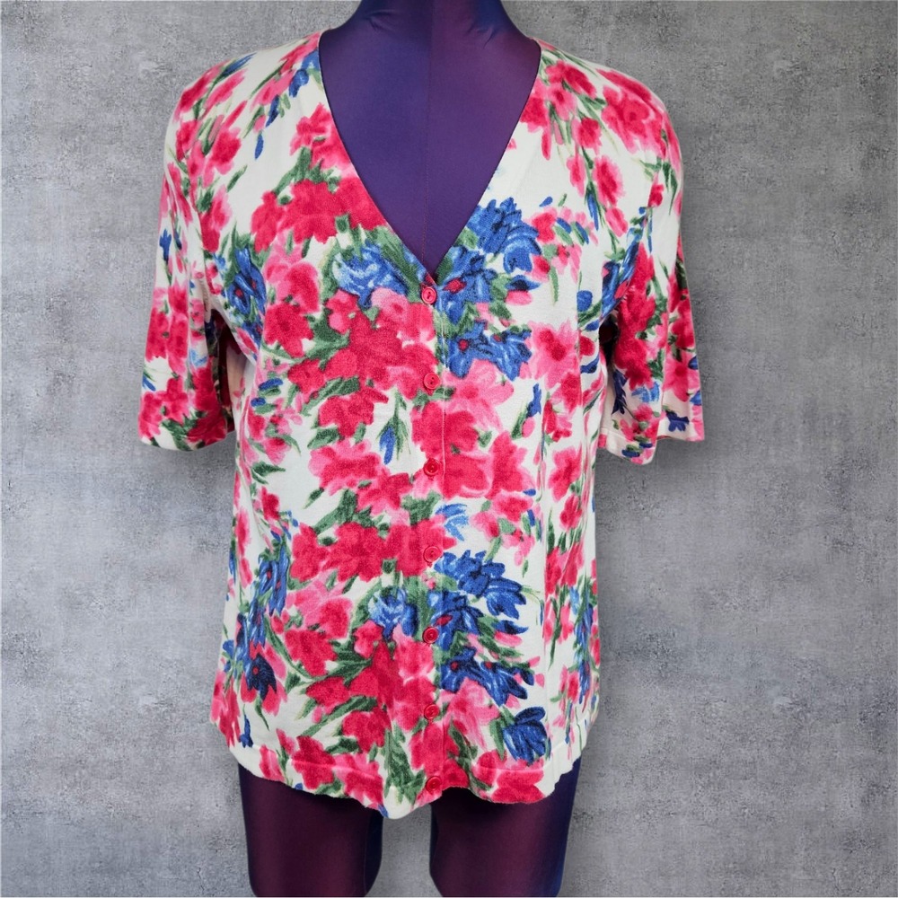 Talbots Floral Print Short Sleeve Cardigan Sweater V Neck Button Front Large K86